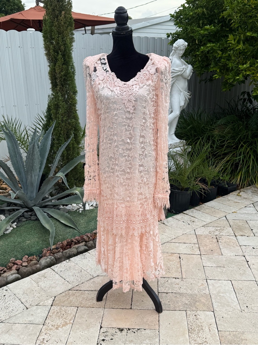 Vintage 80s Pink Lace Midi Dress Drop Waist Scalloped Cottagecore Romantic